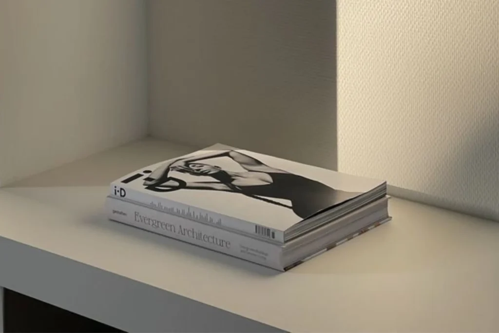 Architecture magazines on a white shelf as inspiration for a career change