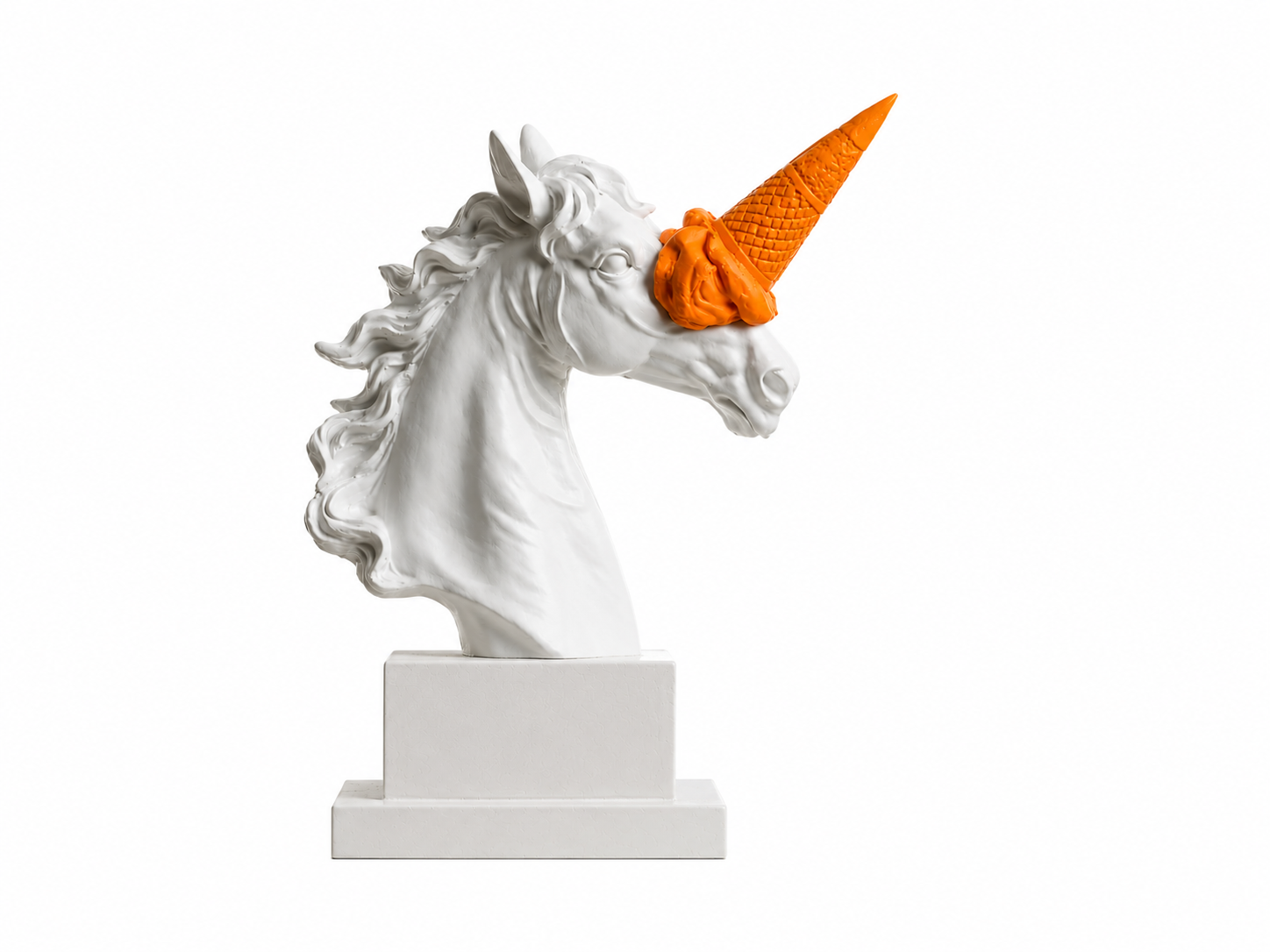 Modern white unicorn sculpture with orange ice cream cone horn on pedestal, representing fintech innovation, startup growth, and recruitment.